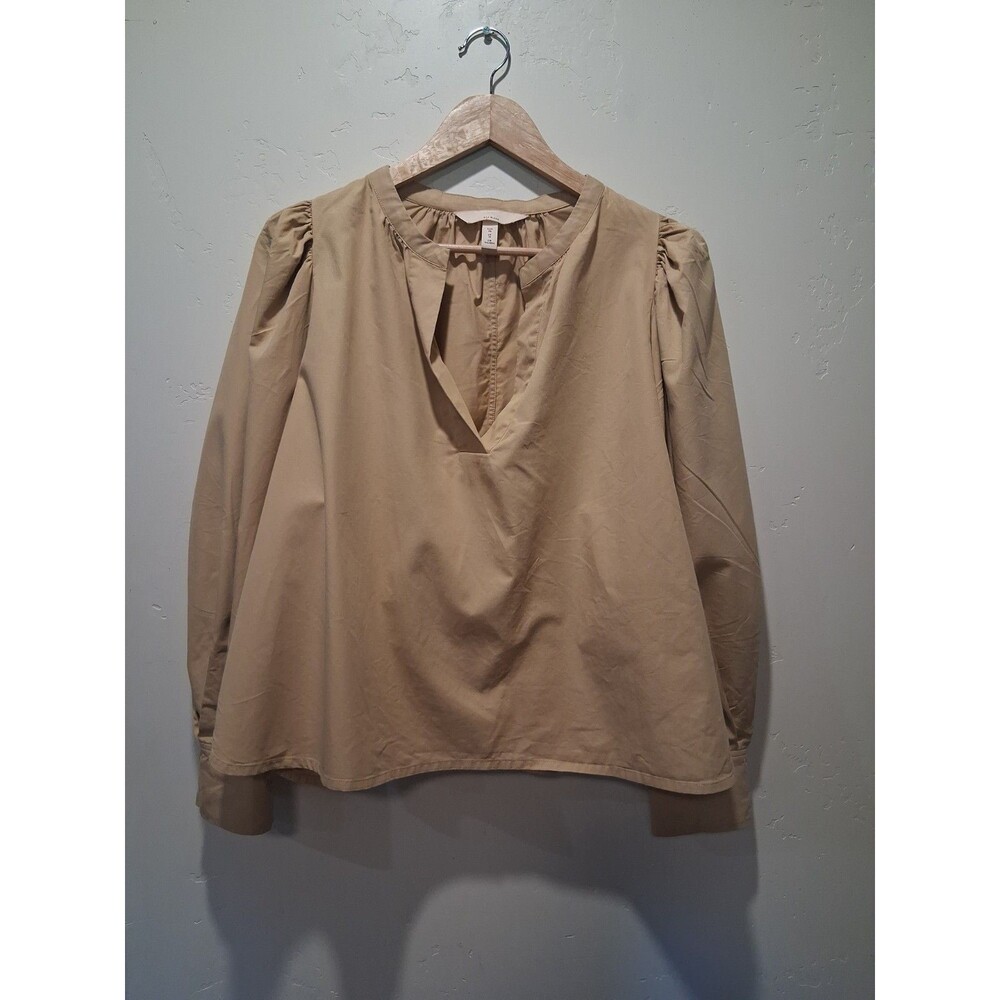 H&M Women's Size 10 Tan Silk Cotton Blend V Neck Pullover Women Pleating Career